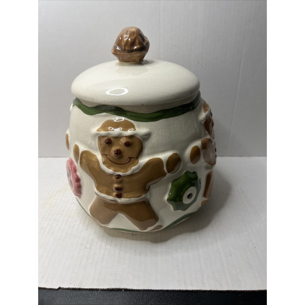 Vintage 1957 Los Angeles Pottery Gingerbread Man Ceramic Cookie Jar w/ Lid Great
